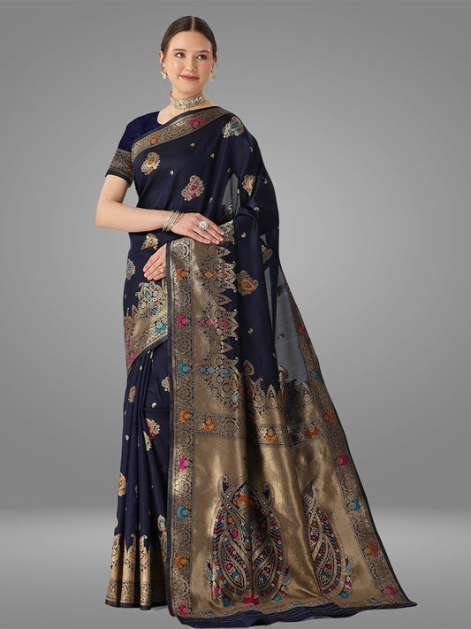 Navy Blue Kanchipuram Banarasi Jacquard Saree With Blouse Piece