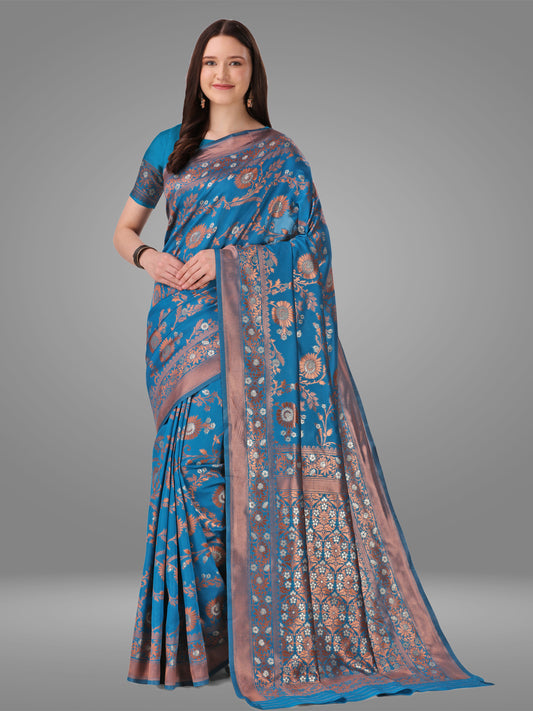 Dark Firozi Banarasi Jacquard Saree With Blouse Piece