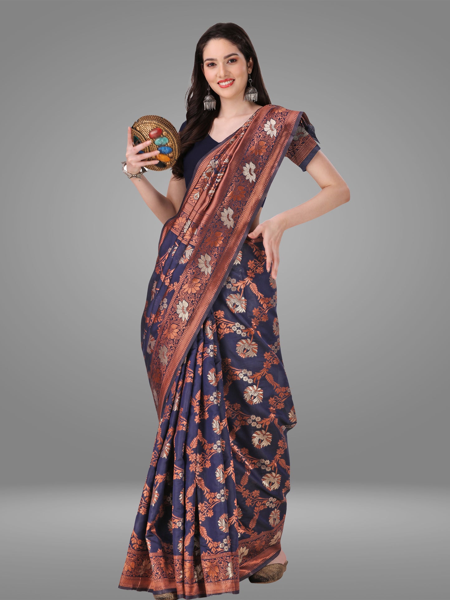 Navy Blue Banarasi Jacquard Saree With Blouse Piece