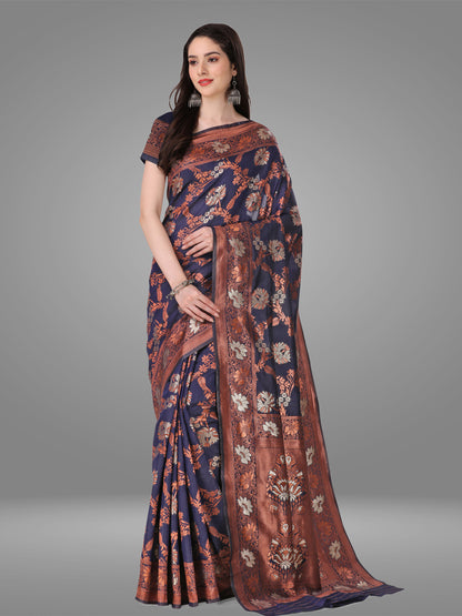 Navy Blue Banarasi Jacquard Saree With Blouse Piece