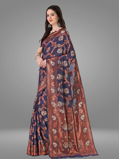 Navy Blue Banarasi Jacquard Saree With Blouse Piece