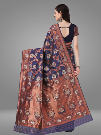 Navy Blue Banarasi Jacquard Saree With Blouse Piece