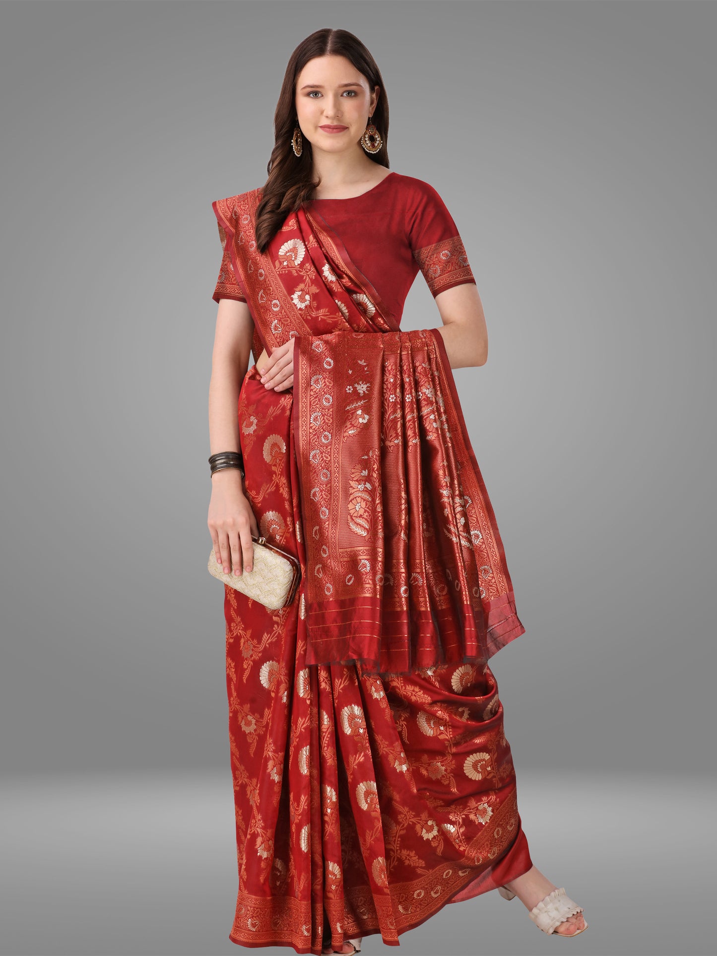 Maroon Banarasi Jacquard Saree With Blouse Piece