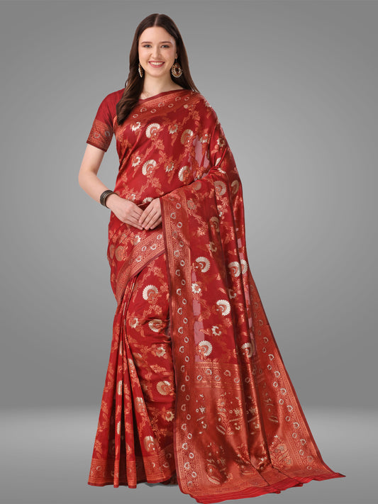 Maroon Banarasi Jacquard Saree With Blouse Piece