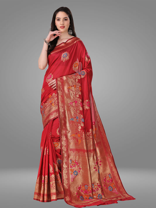 Cherry Kanchipuram Banarasi Jacquard Saree With Blouse Piece