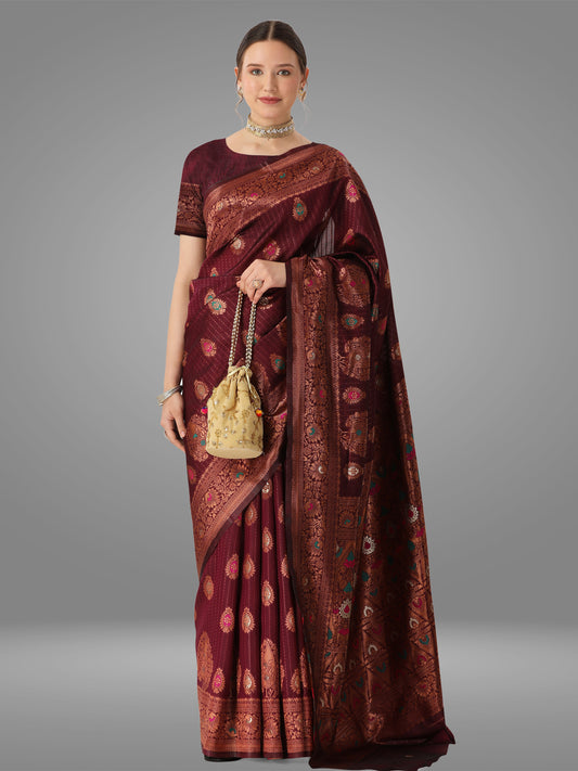 Maroon Banarasi Jacquard Saree With Blouse Piece