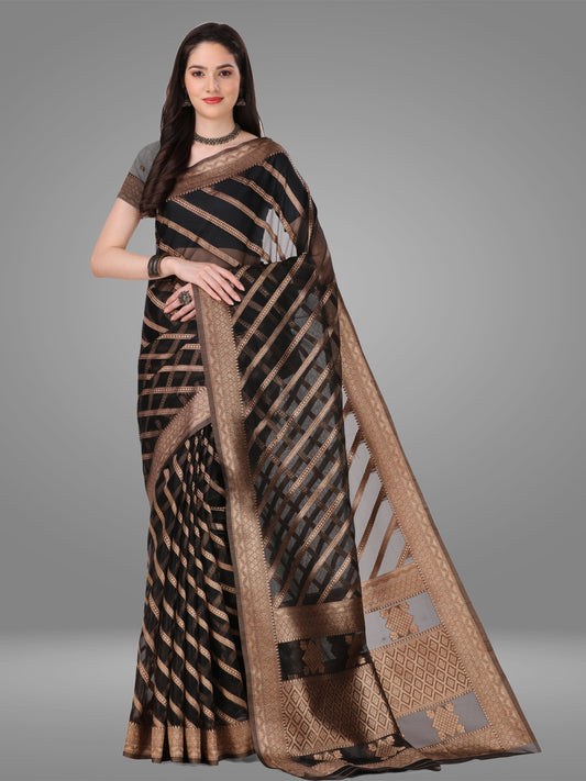 Black Orgenza Banarasi Jacquard Saree with Blouse Piece