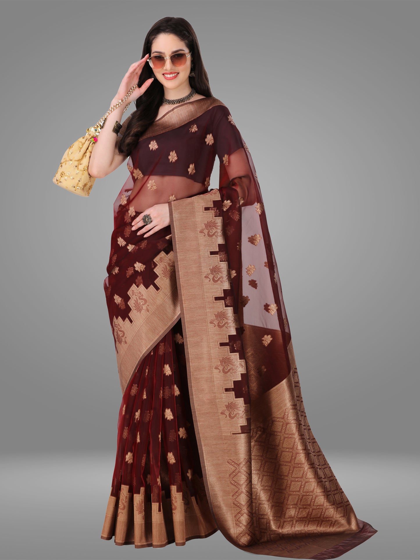 Maroon Banarasi Jacquard Saree With Blouse Piece