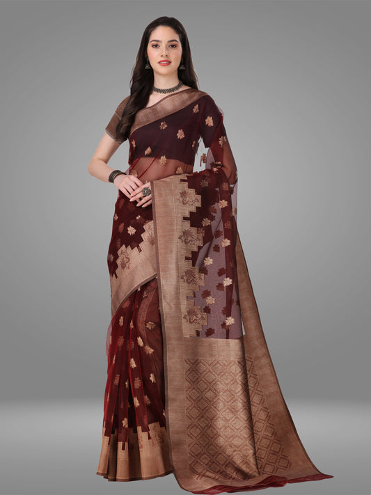 Maroon Banarasi Jacquard Saree With Blouse Piece