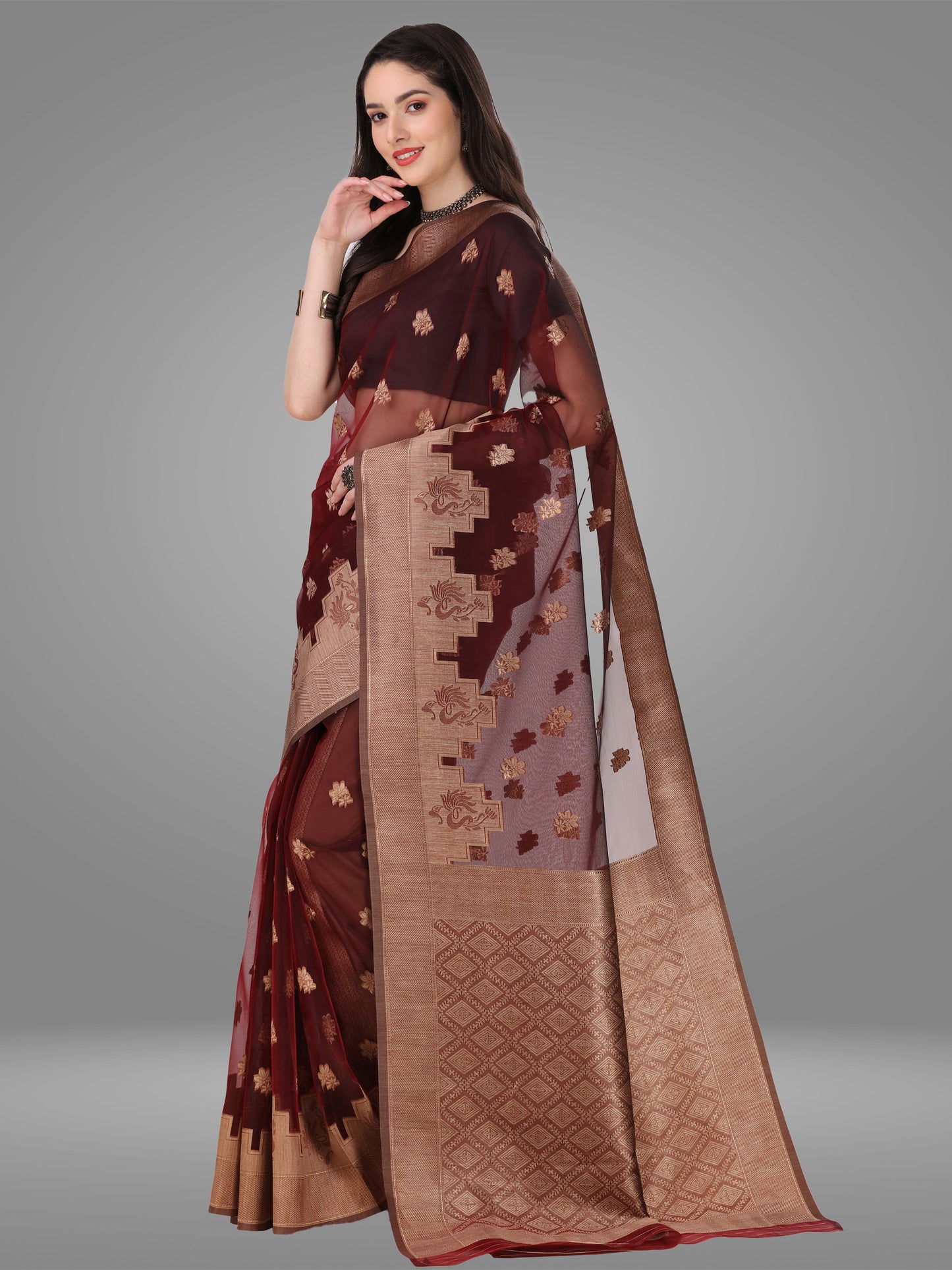 Maroon Banarasi Jacquard Saree With Blouse Piece