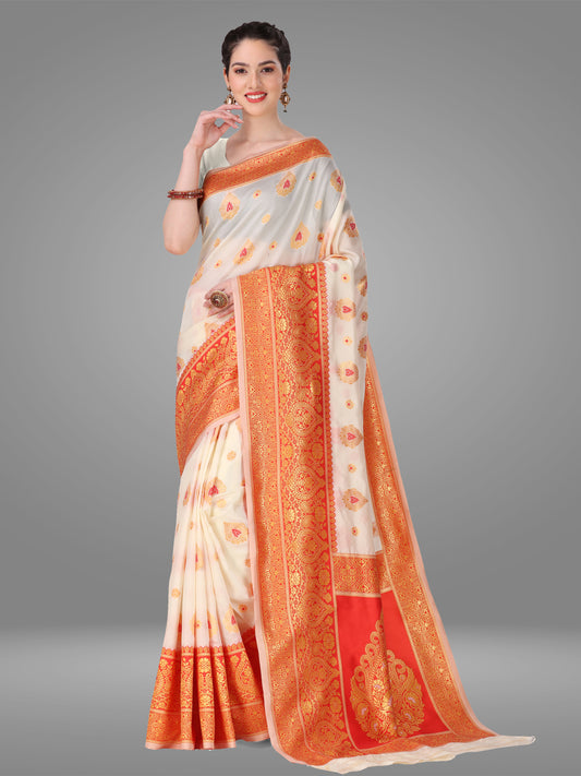 White Orgenza Banarasi Jacquard Saree with Blouse Piece