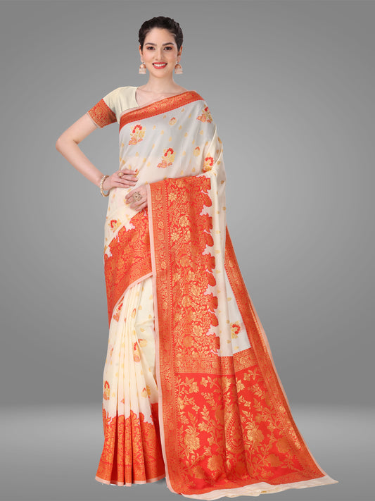 White Orgenza Banarasi Jacquard Saree with Blouse Piece