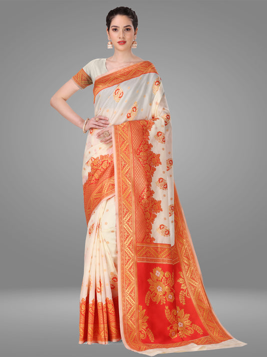 White Orgenza Banarasi Jacquard Saree with Blouse Piece