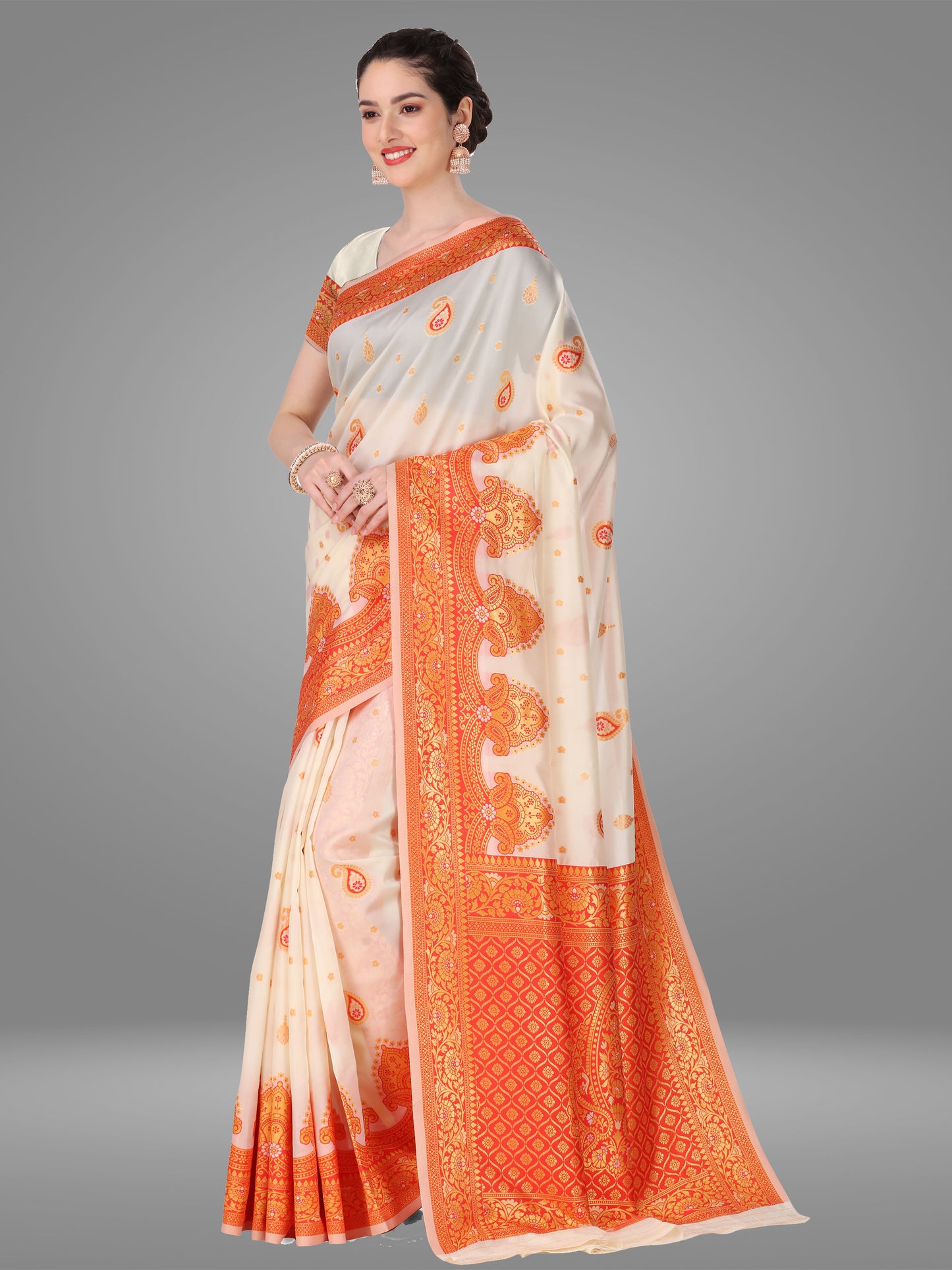 White Orgenza Banarasi Jacquard Saree with Blouse Piece