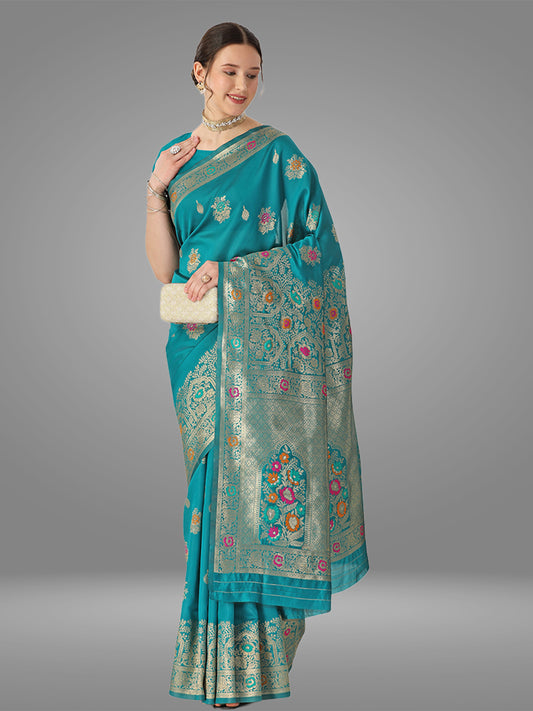 Light Firozi Kanchipuram Banarasi Jacquard Saree With Blouse Piece