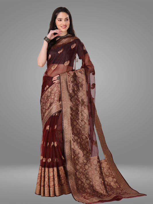 Maroon Banarasi Jacquard Saree With Blouse Piece