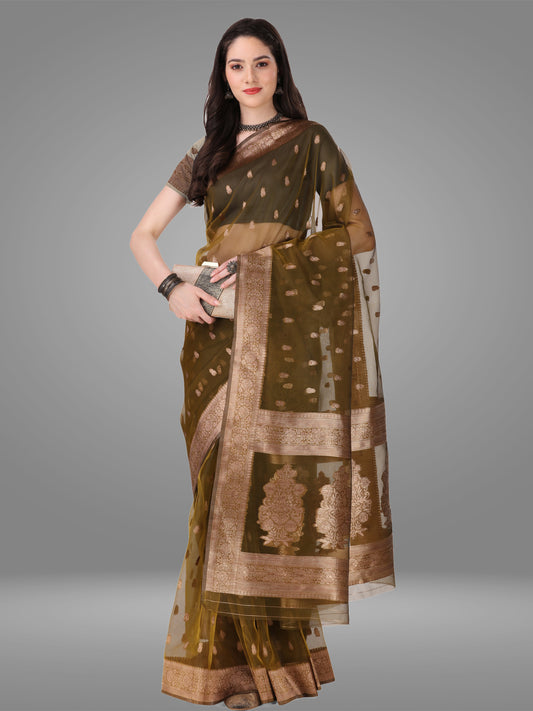 Gold Orgenza Banarasi Jacquard Saree with Blouse Piece