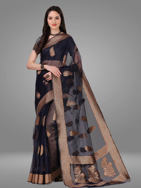 Navy Blue Orgenza Banarasi Jacquard Saree with Blouse Piece