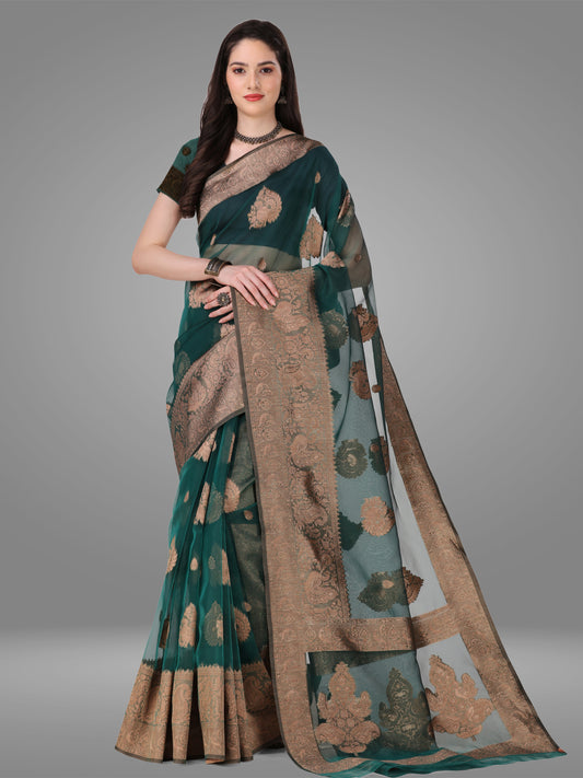 Green Orgenza Banarasi Jacquard Saree with Blouse Piece