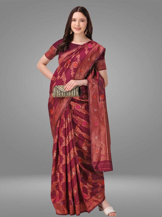 Wine Orgenza Banarasi Jacquard Saree with Blouse Piece