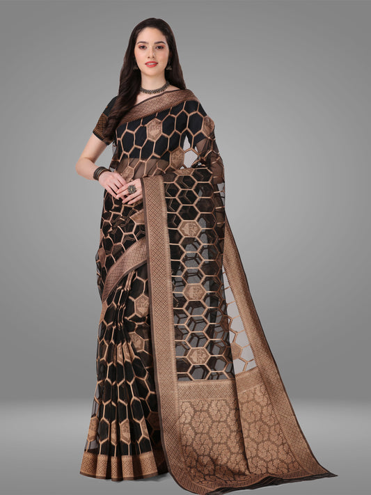 Black Orgenza Banarasi Jacquard Saree with Blouse Piece