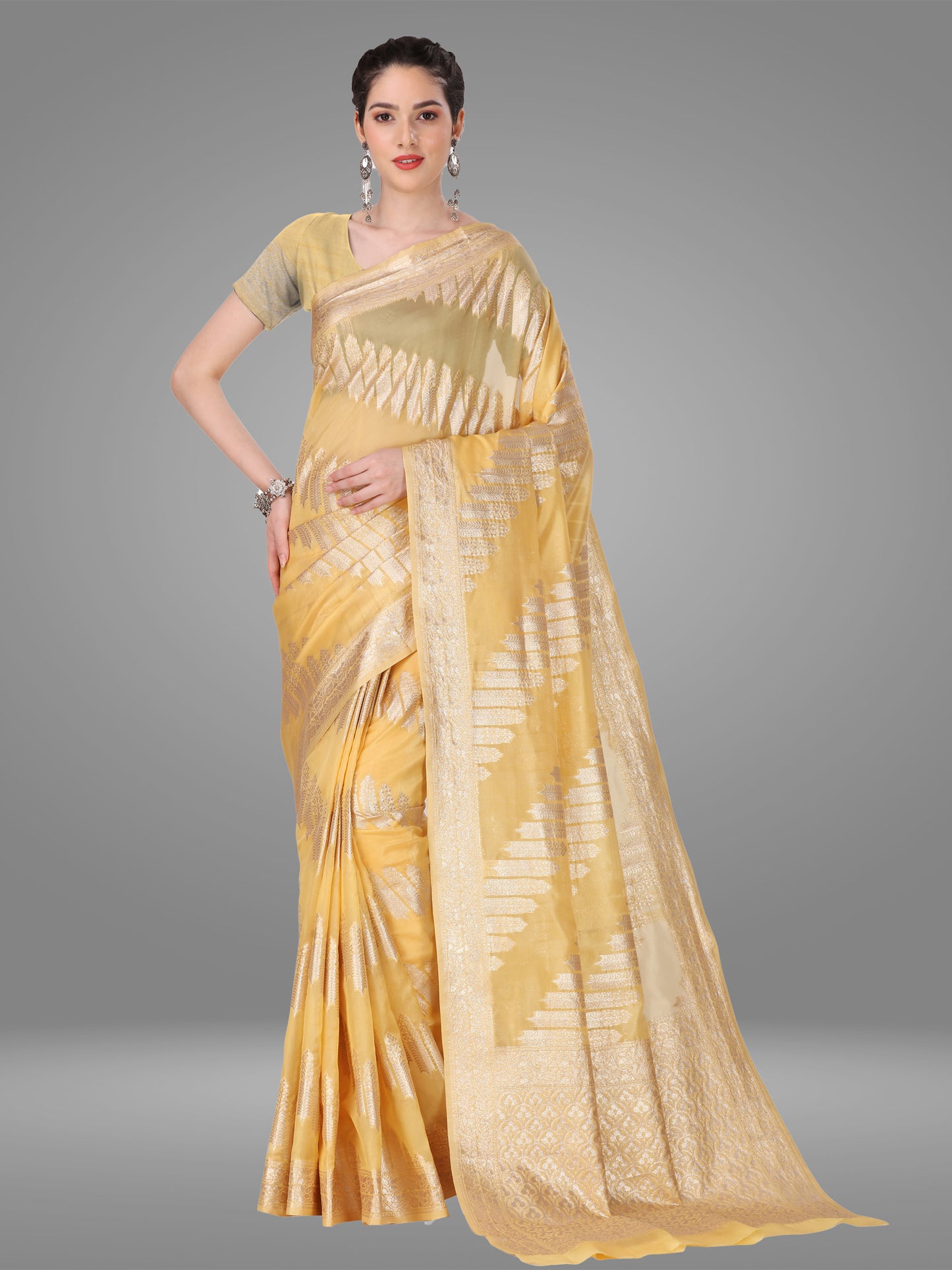 Gold Orgenza Banarasi Jacquard Saree with Blouse Piece