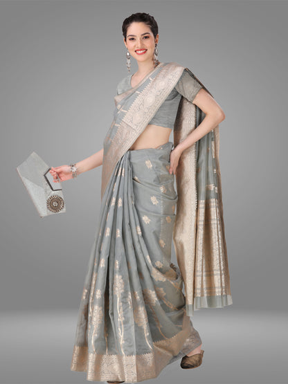 Grey Orgenza Banarasi Jacquard Saree with Blouse Piece