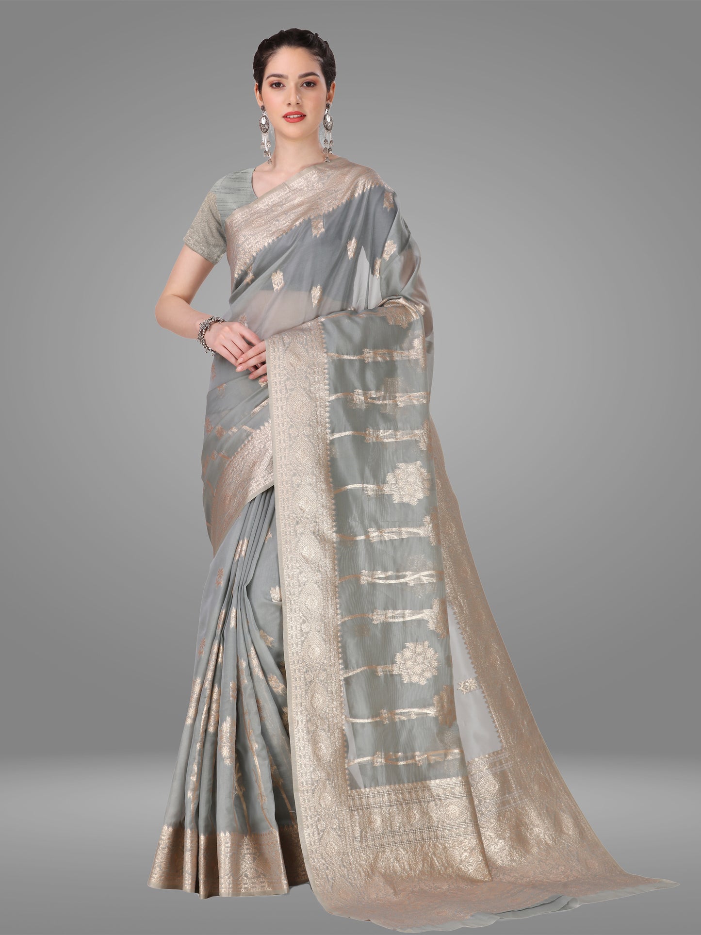 Grey Orgenza Banarasi Jacquard Saree with Blouse Piece