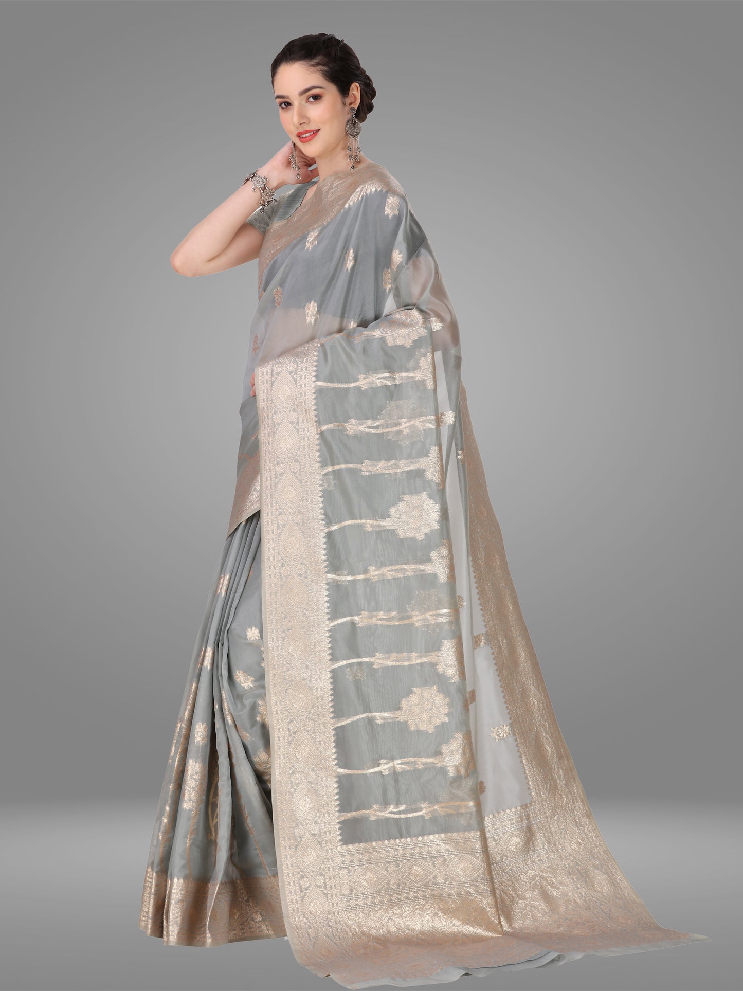 Grey Orgenza Banarasi Jacquard Saree with Blouse Piece