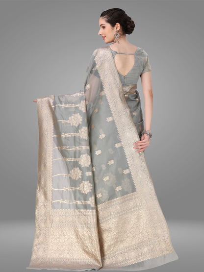 Grey Orgenza Banarasi Jacquard Saree with Blouse Piece