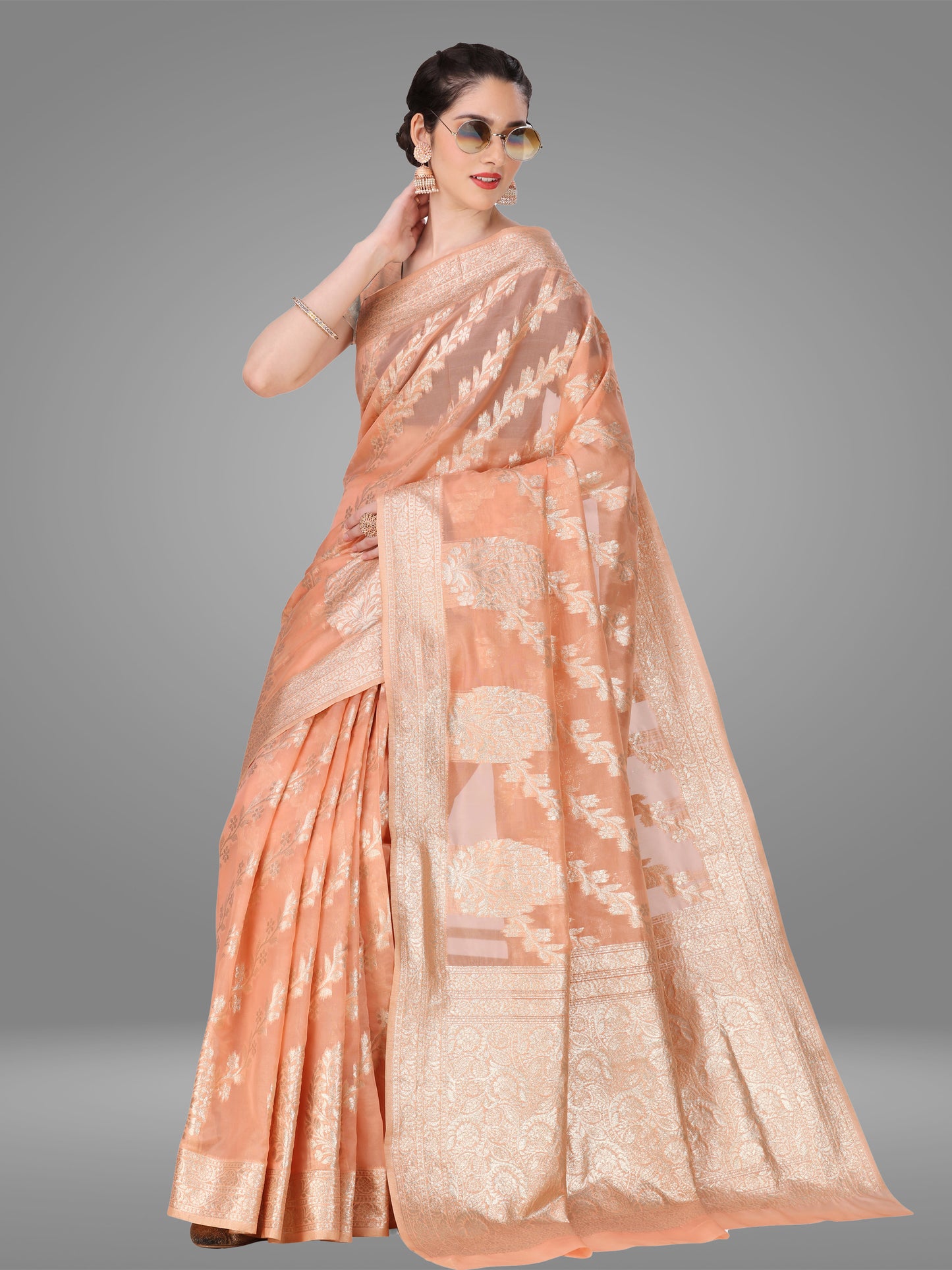 Peach Banarasi Jacquard Saree With Blouse Piece