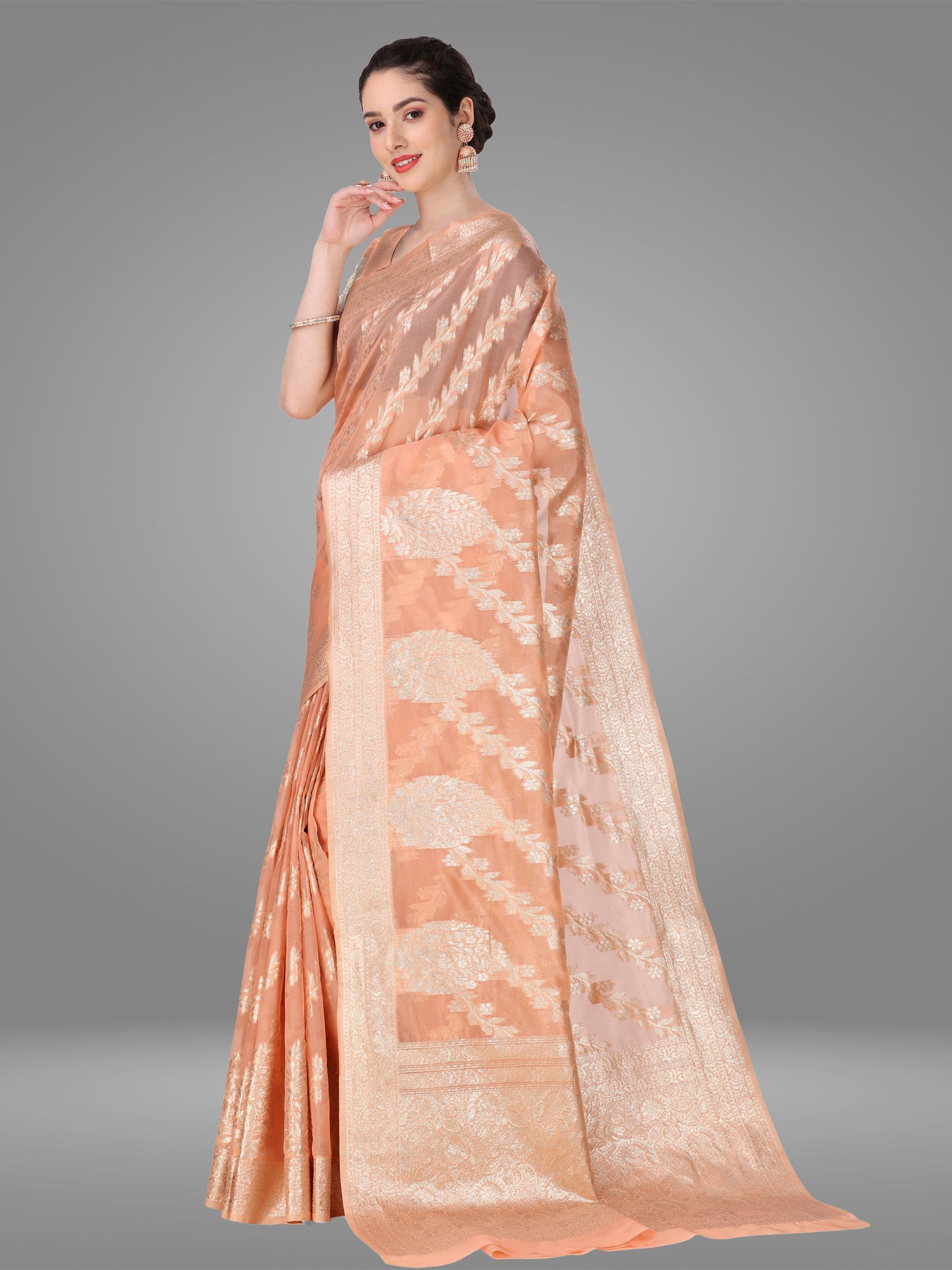 Peach Banarasi Jacquard Saree With Blouse Piece