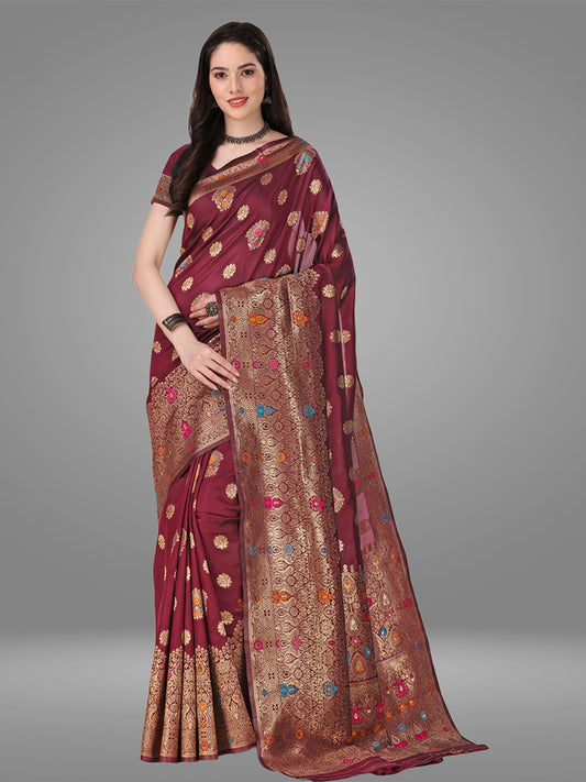 Wine Kanchipuram Banarasi Jacquard Saree With Blouse Piece