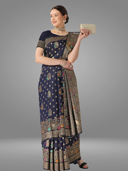 Navy Blue Kanchipuram Banarasi Jacquard Saree With Blouse Piece