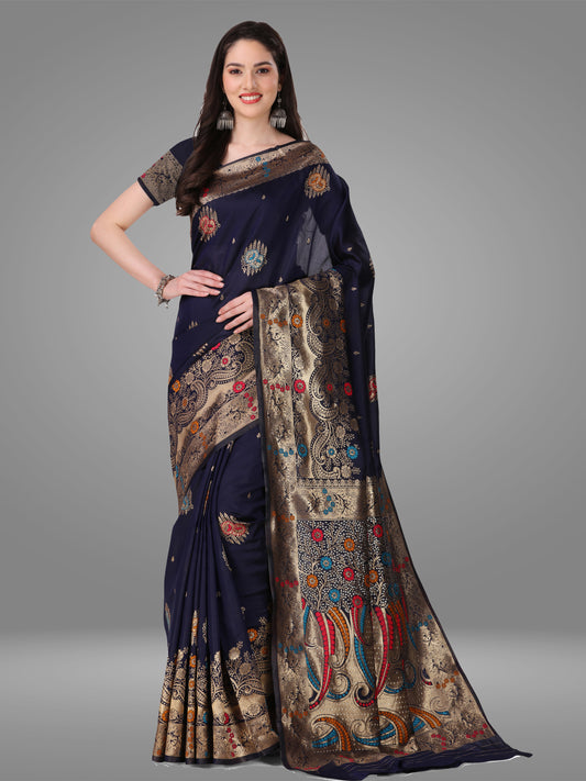 Navy Blue Banarasi Jacquard Saree With Blouse Piece