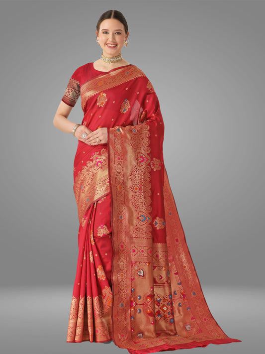 Cherry Banarasi Jacquard Saree With Blouse Piece