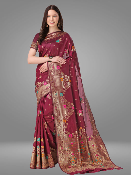 Wine Banarasi Jacquard Saree With Blouse Piece