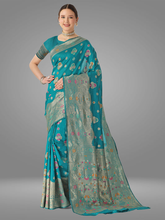 Light Firozi Banarasi Jacquard Saree With Blouse Piece