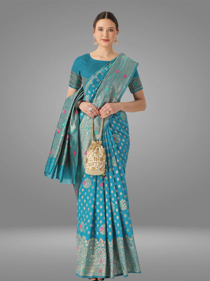 Light Firozi Banarasi Jacquard Saree With Blouse Piece