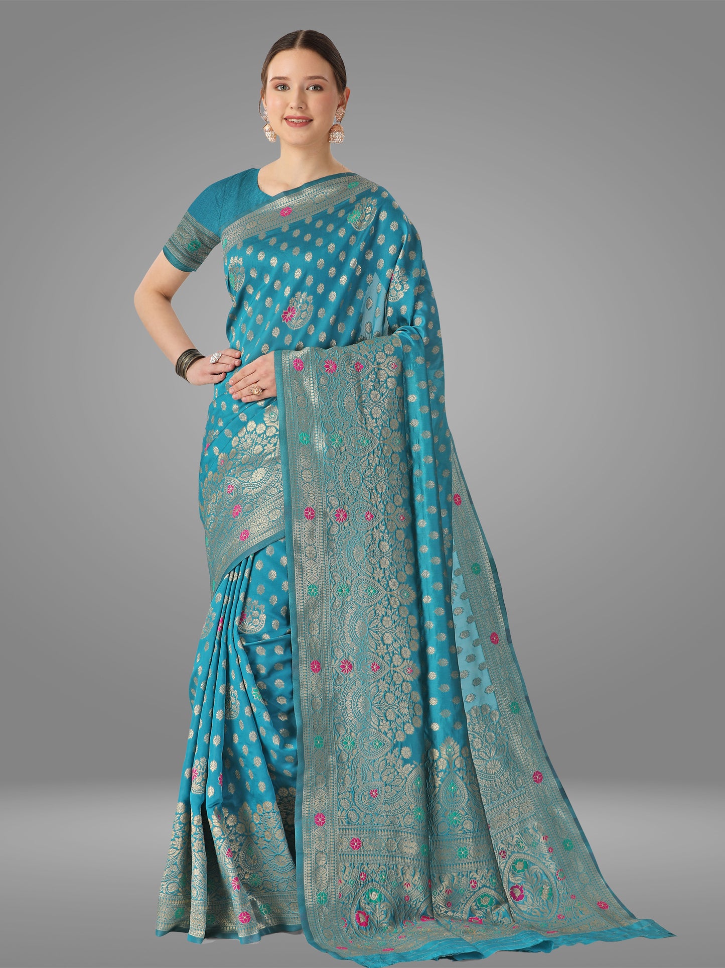 Light Firozi Banarasi Jacquard Saree With Blouse Piece