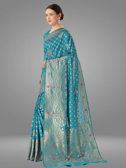 Light Firozi Banarasi Jacquard Saree With Blouse Piece