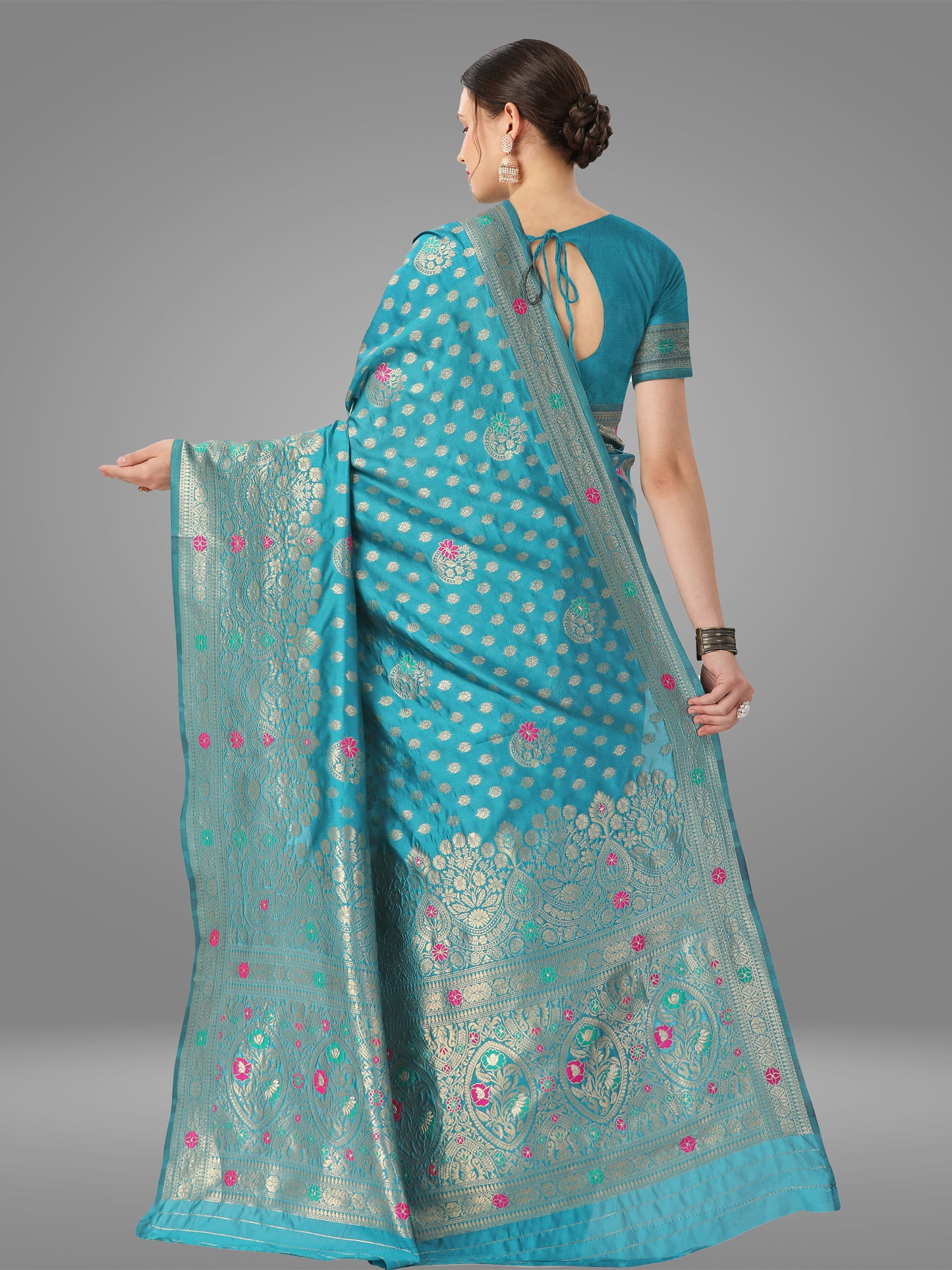 Light Firozi Banarasi Jacquard Saree With Blouse Piece