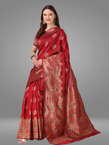 Red Kanchipuram Banarasi Jacquard Saree With Blouse Piece