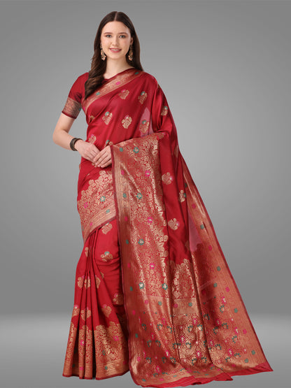 Red Kanchipuram Banarasi Jacquard Saree With Blouse Piece