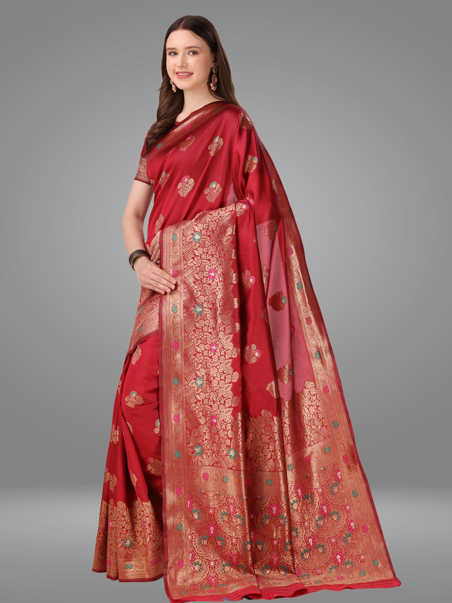 Red Kanchipuram Banarasi Jacquard Saree With Blouse Piece