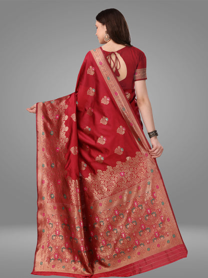 Red Kanchipuram Banarasi Jacquard Saree With Blouse Piece