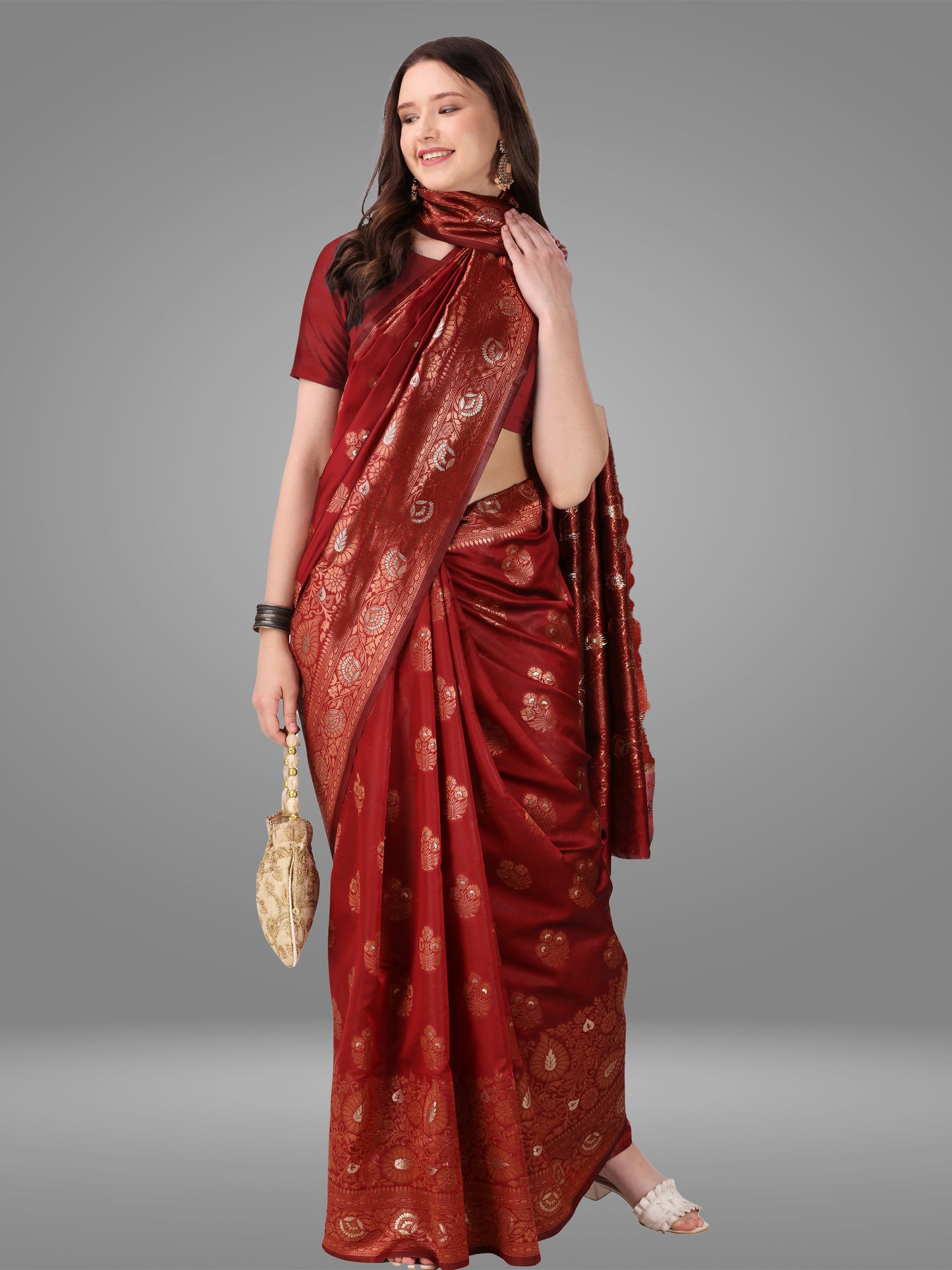 Maroon Banarasi Jacquard Saree With Blouse Piece