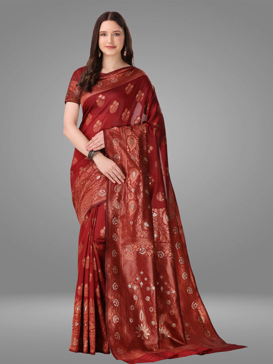 Maroon Banarasi Jacquard Saree With Blouse Piece