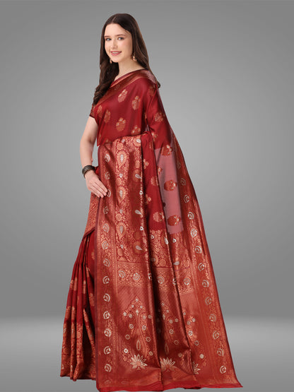 Maroon Banarasi Jacquard Saree With Blouse Piece