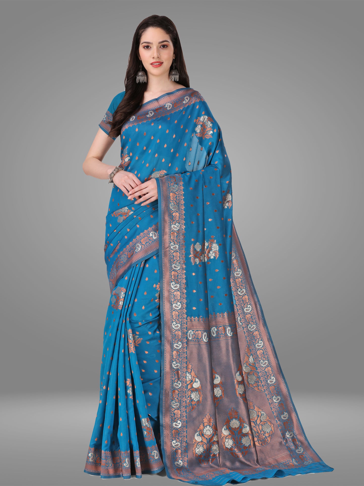 Dark Firozi Banarasi Jacquard Saree With Blouse Piece